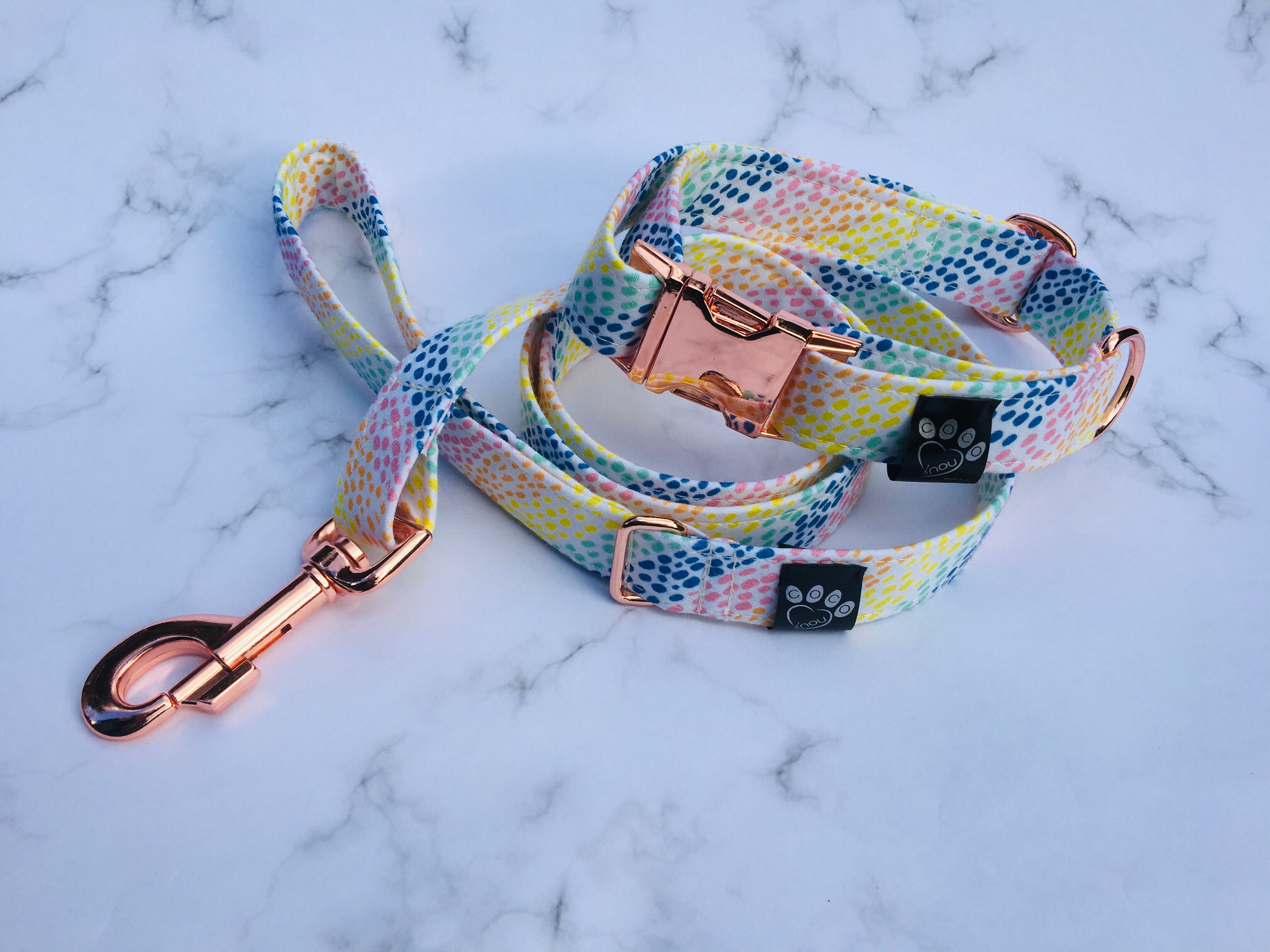 Rainbow Drops Fabric Covered Collar and Lead Set